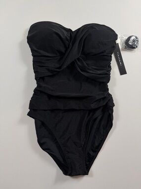 Tahari Black One Piece Swimsuit L NWT Ruched Bandeau Strapless Tummy Control
